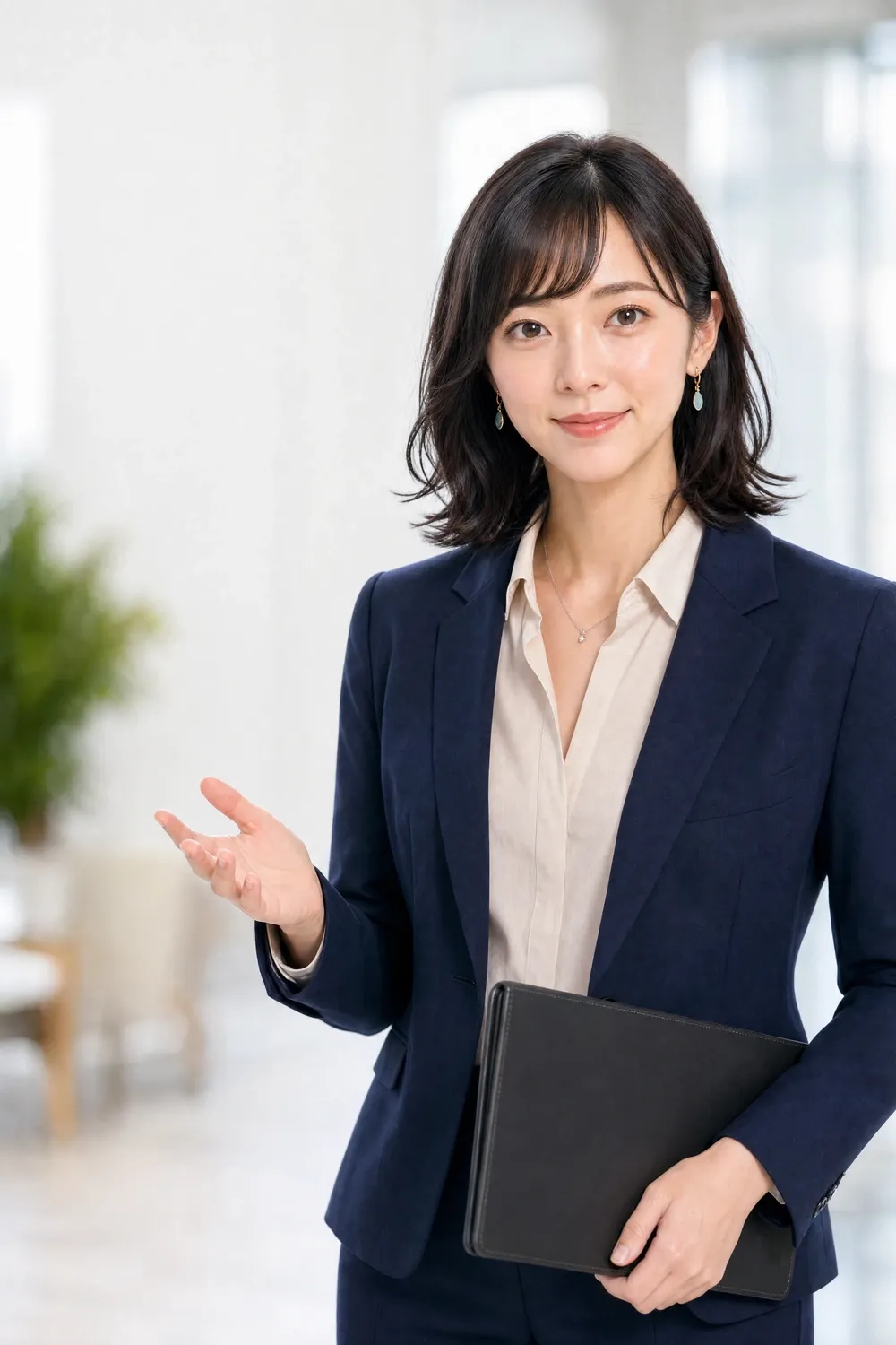 高峰明里が来訪者の目的を聞き取り、案内先を整理するイメージ
